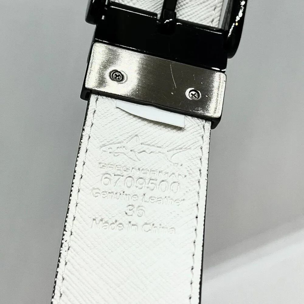 GREG NORMAN BELT Mens 36 Genuine Leather Gray Reversible White Shark Logo